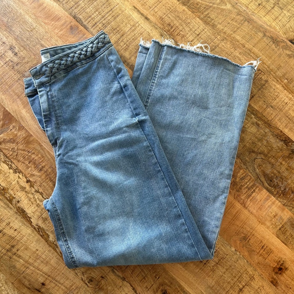 OAT New York Braided Waist Wide Leg Raw Hem Jeans Blue Denim Size 12/31